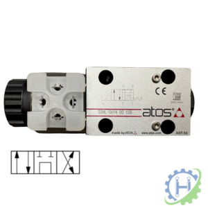 hydraulicplanet The ATOS SDHL-0614 12/24DC single solenoid valve is CETOP 3 compatible and features a metal body, schematic symbol, and manufacturer details.
