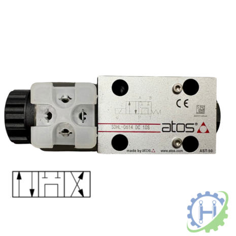 hydraulicplanet The ATOS SDHL-0614 12/24DC single solenoid valve is CETOP 3 compatible and features a metal body, schematic symbol, and manufacturer details.