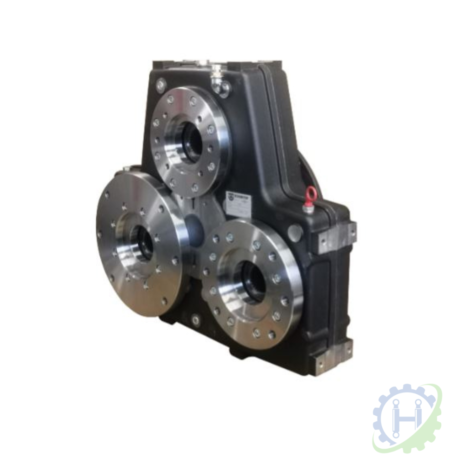 hydraulicplanet TMP 350 industrial gearbox with three large circular metal flanges on a rectangular black housing, multiple mounting bolts, and a small metal tag.