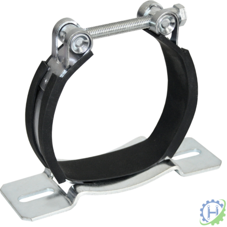 hydraulicplanet The ACCUMULATOR CLAMP - CRO SERIES features a metal body with rubber lining, adjustable screw, and flat base with two slotted holes for easy installation—ideal for securing accumulators in various piping systems.