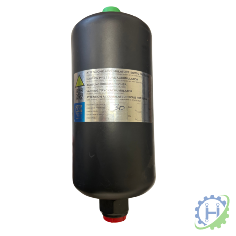 hydraulicplanet The 0.7LIT ACCUMULATOR is a black cylindrical device with a label, warning texts, and green and red caps on opposite ends, shown against a white background.