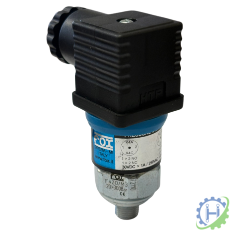 hydraulicplanet PRESSURE SWITCH 1/8" BSP MALE THREAD with black electrical connector and blue label for specs, manufactured by Fox S.r.l. Italy.